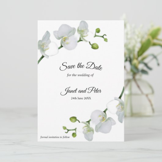 Elegant witte orchideeën sla de datum op save the date (Staand voorkant)
