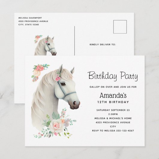 Elegant Witte Paard Boho Bloemige Verjaardagsuitno Briefkaart (Voorkant / Achterkant)