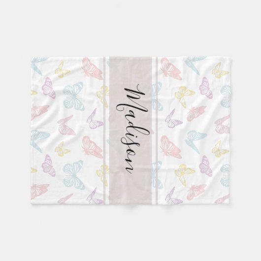 Elegant witte pastel vlinderpatroon Kinder naam Fleece Deken (Voorkant (Horizontaal))