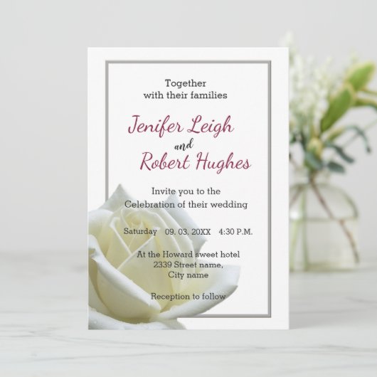 Elegant witte roos en zilveren bruiloft kaart (Staand voorkant)