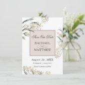 Elegant witte rosebuts bespaart onze datum save the date (Staand voorkant)