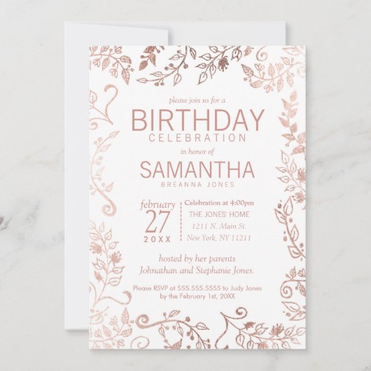 Elegant Witte Roze Gouden Bloemige Verjaardagsfees Kaart (Voorkant)