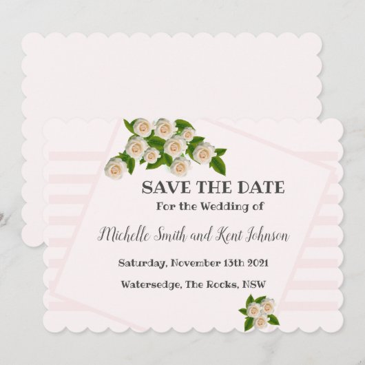 Elegant witte rozen Roze Blush Save the Date (Voorkant / Achterkant)