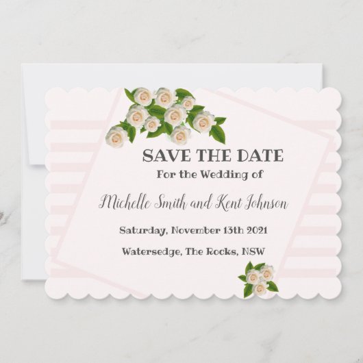 Elegant witte rozen Roze Blush Save the Date (Voorkant)
