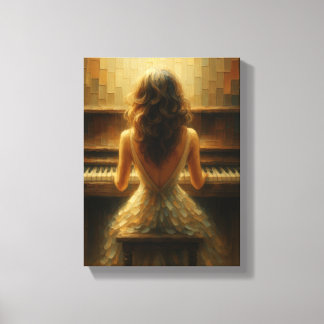 Elegant Woman at Piano in Golden Light Canvas Afdruk