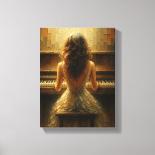 Elegant Woman at Piano in Golden Light Canvas Afdruk (Voorkant)