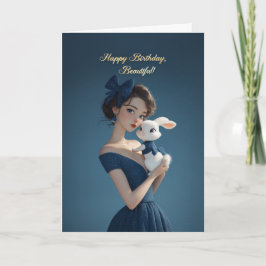 Elegant Woman in Midnight Blue w/ Bunny Birthday Kaart