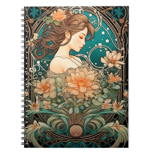 Elegant Woman with Flowing Hair and Soft Flowers Notitieboek (Voorkant)