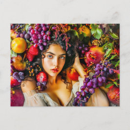 Elegant woman with pomegranate grapes and floral c briefkaart