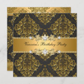 Elegant Womans Gold Black Damask Birthday Party Kaart (Voorkant / Achterkant)