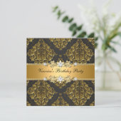 Elegant Womans Gold Black Damask Birthday Party Kaart (Staand voorkant)