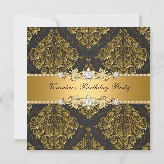Elegant Womans Gold Black Damask Birthday Party Kaart (Voorkant)
