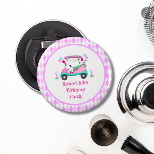 Elegant Women's Golf Party Cart Birthday Button Flesopener