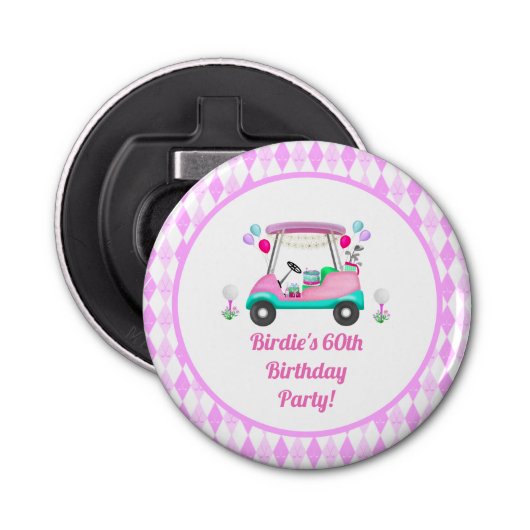 Elegant Women's Golf Party Cart Birthday Button Flesopener (Voorkant)