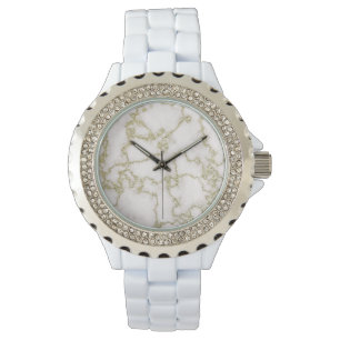 Elegant Women's White and Gold Marble Horloge