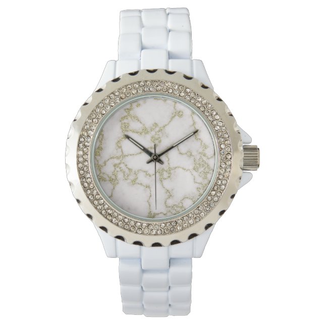 Elegant Women's White and Gold Marble Horloge (Voorkant)