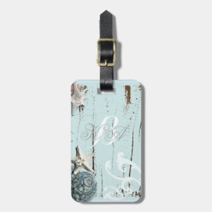 Elegant wood BLue Seashells Beach Wedding Bagagelabel