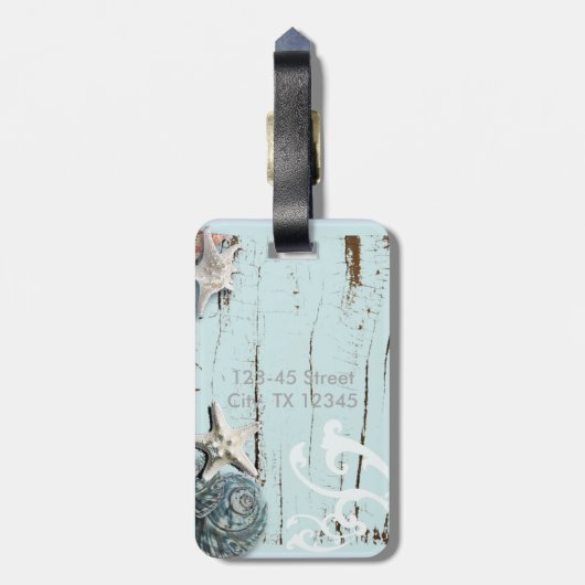 Elegant wood BLue Seashells Beach Wedding Bagagelabel (Achterkant verticaal)