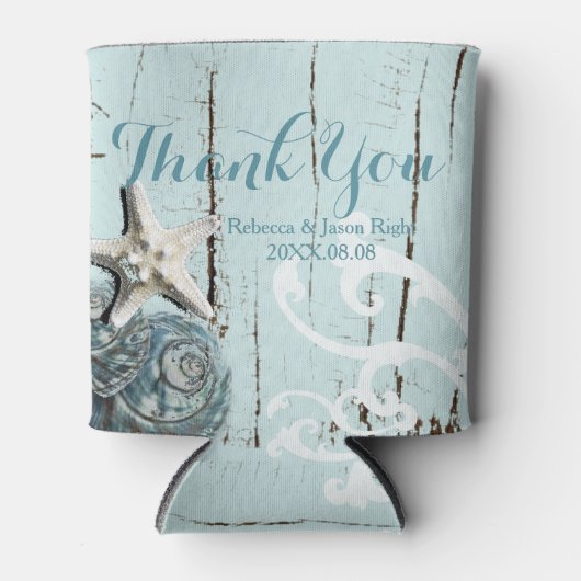 Elegant wood BLue Seashells Beach Wedding Blikjeskoeler (Voorkant)