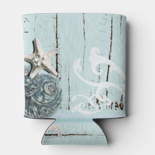 Elegant wood BLue Seashells Beach Wedding Blikjeskoeler (Achterkant)