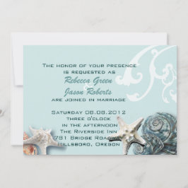 Elegant wood BLue Seashells Beach Wedding Kaart