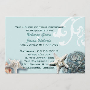 Elegant wood BLue Seashells Beach Wedding Kaart