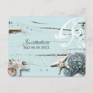 Elegant wood BLue Seashells Beach Wedding Kaart