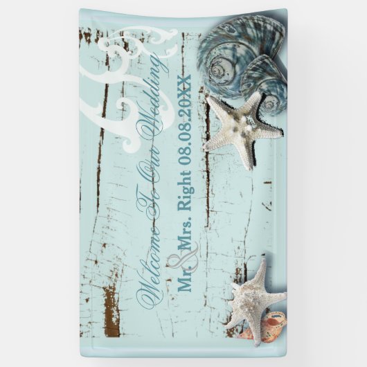 Elegant wood BLue Seashells Beach Wedding Spandoek (Verticaal)