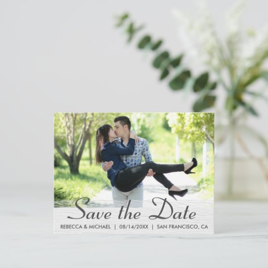 Elegant Wood Grain Custom Photo Save the Date Briefkaart (Staand voorkant)