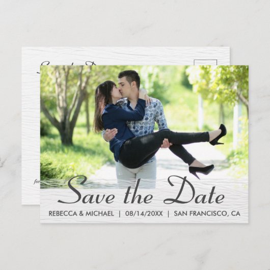 Elegant Wood Grain Custom Photo Save the Date Briefkaart (Voorkant / Achterkant)