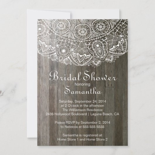 Elegant  Wood Lace Bridal Shower Invitation Kaart (Voorkant)