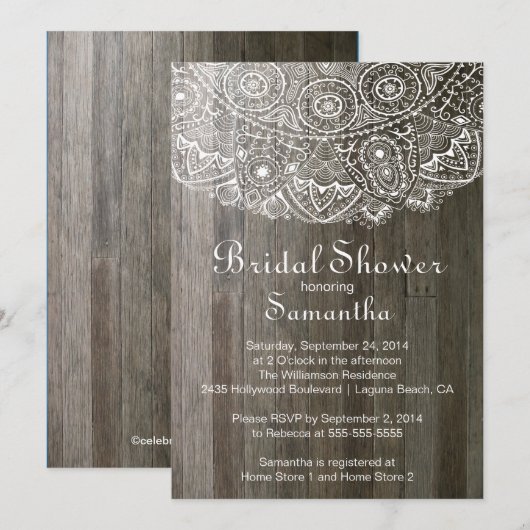 Elegant  Wood Lace Bridal Shower Invitation Kaart (Voorkant / Achterkant)