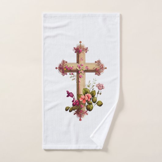 Elegant Wooden Cross met roze bloemen Bad Handdoek (Handdoek)