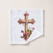 Elegant Wooden Cross met roze bloemen Bad Handdoek (Wasdoekje)