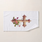 Elegant Wooden Cross met roze bloemen Bad Handdoek (Handdoek)