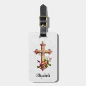 Elegant Wooden Cross met roze bloemen Bagagelabel (Voorkant verticaal)