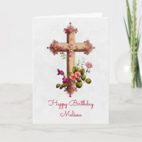 Elegant Wooden Cross met roze bloemen Birthday
