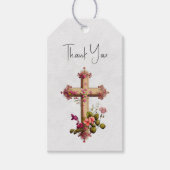 Elegant Wooden Cross met roze bloemen Dank je wel Cadeaulabel (Voorkant)