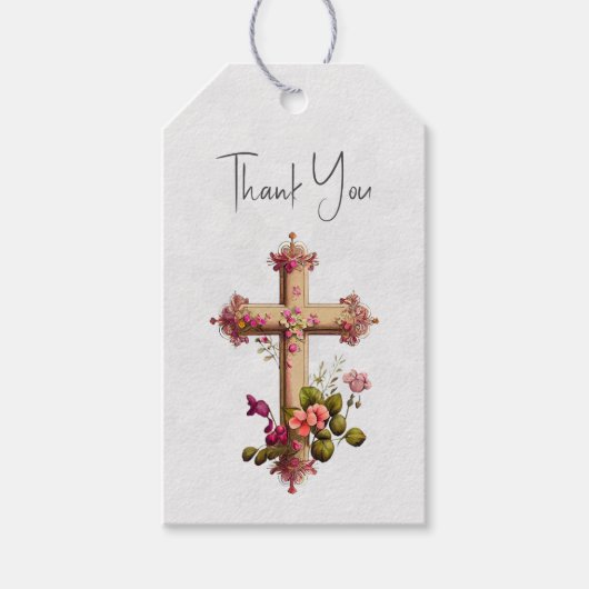 Elegant Wooden Cross met roze bloemen Dank je wel Cadeaulabel (Voorkant)