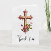 Elegant Wooden Cross met roze bloemen Dank je wel Kaart (Voorkant)
