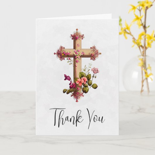 Elegant Wooden Cross met roze bloemen Dank je wel Kaart (Gele Bloem)