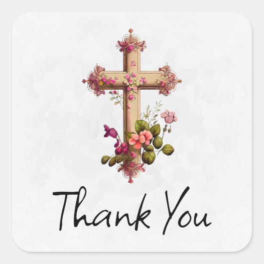 Elegant Wooden Cross met roze bloemen Dank je wel Vierkante Sticker (Voorkant)