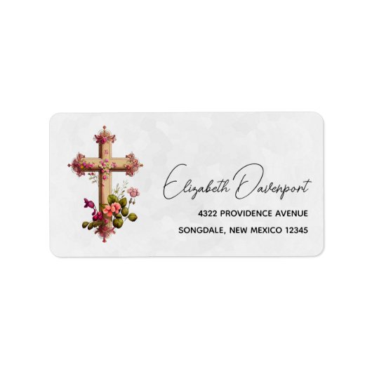 Elegant Wooden Cross met roze bloemen Etiket (Voorkant)