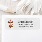 Elegant Wooden Cross met roze bloemen Etiket (Insitu)