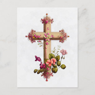 Elegant Wooden Cross met roze bloemen Feestdagenkaart