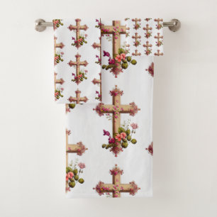 Elegant Wooden Cross met roze bloemen gepatterd Bad Handdoek