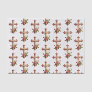 Elegant Wooden Cross met roze bloemen gepatterd Tissuepapier