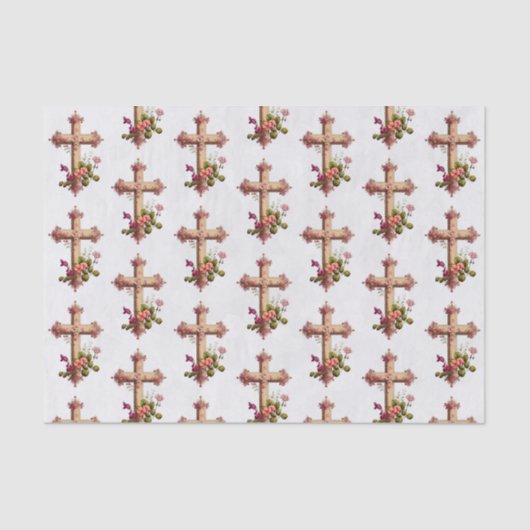 Elegant Wooden Cross met roze bloemen gepatterd Tissuepapier (Voorkant)