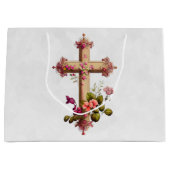 Elegant Wooden Cross met roze bloemen Groot Cadeauzakje (Voorkant)