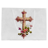Elegant Wooden Cross met roze bloemen Groot Cadeauzakje (Achterkant)